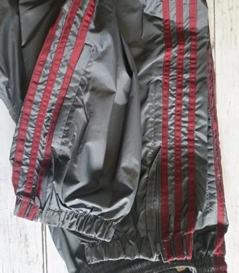 Vtg Y2K Adidas Track Pants Sz L Gray Stripes Nylon Lined Burgundy Yellow Logo